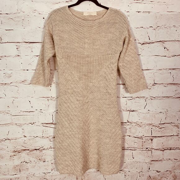 Zara Knit Sweater Dress Women’s Large Beige Marled Texture Cottagecore Knitwear - Picture 2 of 7